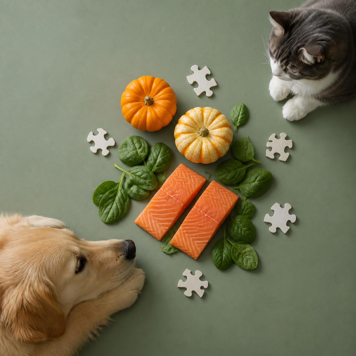 Cão e gato ao redor de abóbora, espinafre e salmão organizados como peças de um quebra-cabeça nutricional
